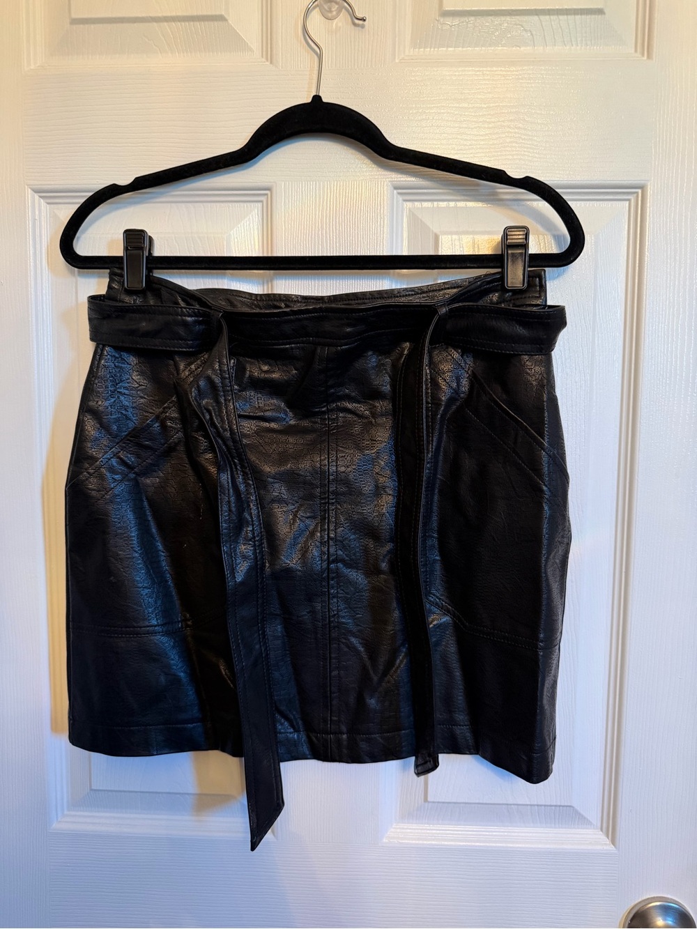 Black Faux Leather Mini Skirt with Waist Tie